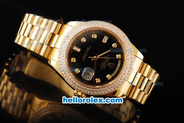 Rolex Day-Date II Automatic Movement Full Gold with Double Row Diamond Bezel-Black Dial and Diamond Markers - Click Image to Close